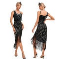 Women's 1920s Vintage Gatsby Fringed Flapper Dress Peacock Sequined Slit Roaring 20s Dresses Black
