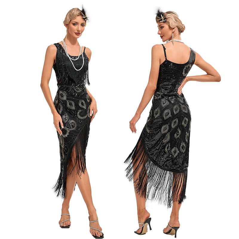 Women's 1920s Vintage Gatsby Fringed Flapper Dress Peacock Sequined Slit Roaring 20s Dresses Black