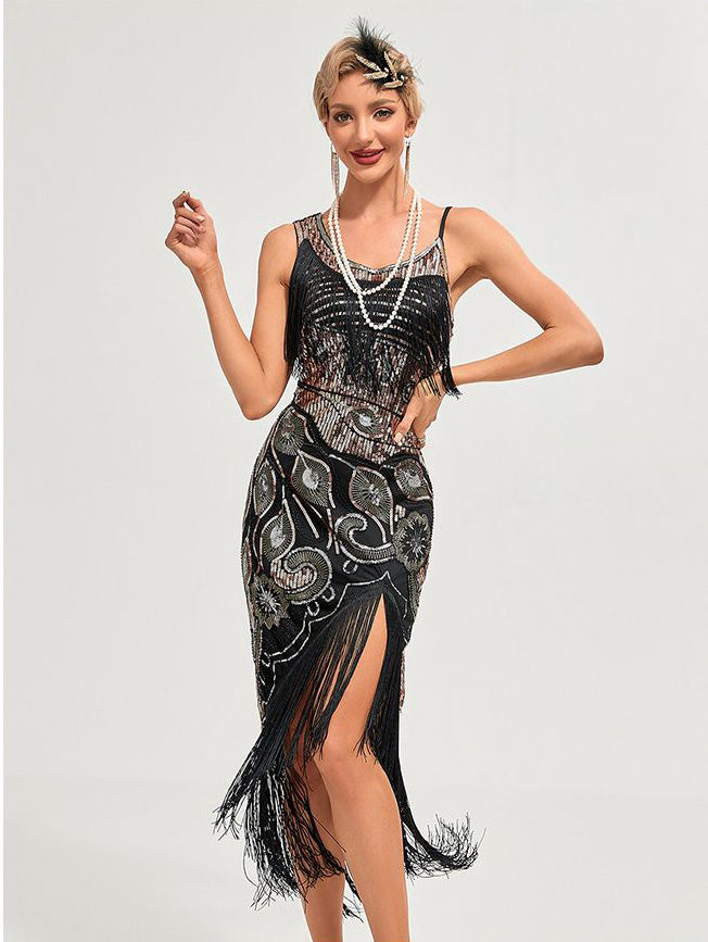 Women's 1920s Vintage Gatsby Fringed Flapper Dress Peacock Sequined Slit Roaring 20s Dresses Black