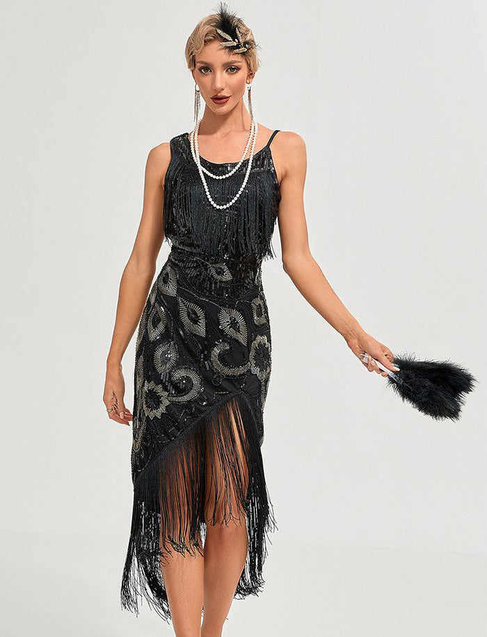 Women's 1920s Vintage Gatsby Fringed Flapper Dress Peacock Sequined Slit Roaring 20s Dresses Black