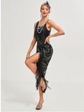 Women's 1920s Vintage Gatsby Fringed Flapper Dress Peacock Sequined Slit Roaring 20s Dresses Black