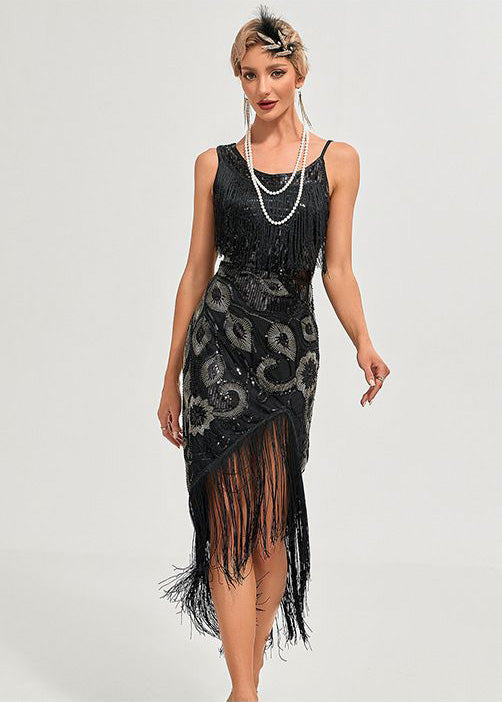 Women's 1920s Vintage Gatsby Fringed Flapper Dress Peacock Sequined Slit Roaring 20s Dresses Black