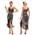 Women's 1920s Vintage Gatsby Fringed Flapper Dress Peacock Sequined Slit Roaring 20s Dresses Black Gold