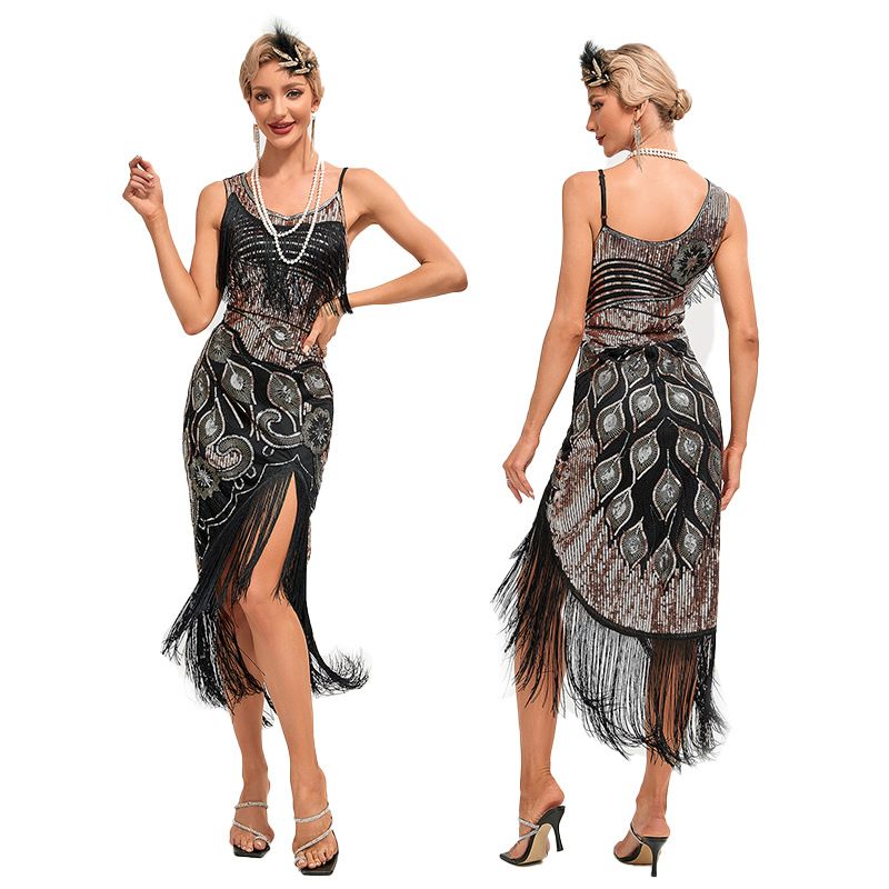 Women's 1920s Vintage Gatsby Fringed Flapper Dress Peacock Sequined Slit Roaring 20s Dresses Black Gold