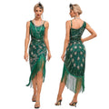 Women's 1920s Vintage Gatsby Fringed Flapper Dress Peacock Sequined Slit Roaring 20s Dresses Green