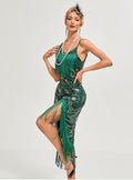 Women's 1920s Vintage Gatsby Fringed Flapper Dress Peacock Sequined Slit Roaring 20s Dresses Green