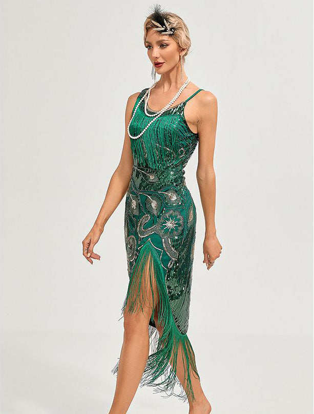 Women's 1920s Vintage Gatsby Fringed Flapper Dress Peacock Sequined Slit Roaring 20s Dresses Green