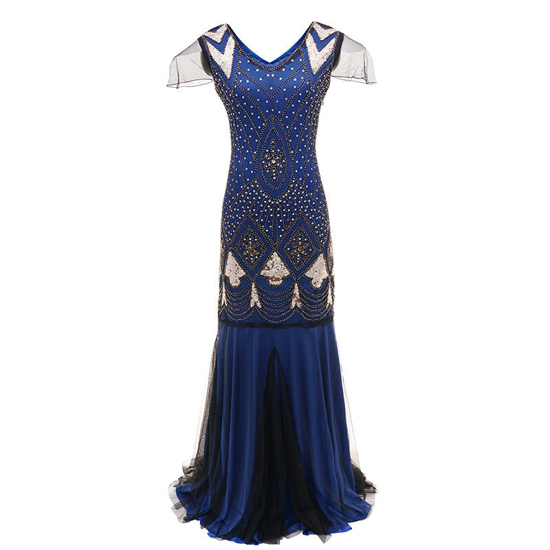 Womens 1920s Vintage Sequins Fringe Long Gatsby Flapper Gown Party Cocktail Dresses Blue