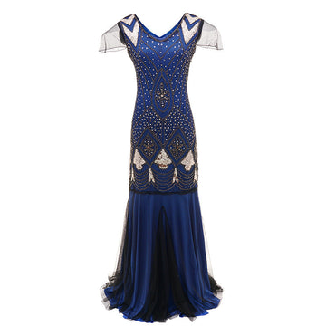 Womens 1920s Vintage Sequins Fringe Long Gatsby Flapper Gown Party Cocktail Dresses Blue