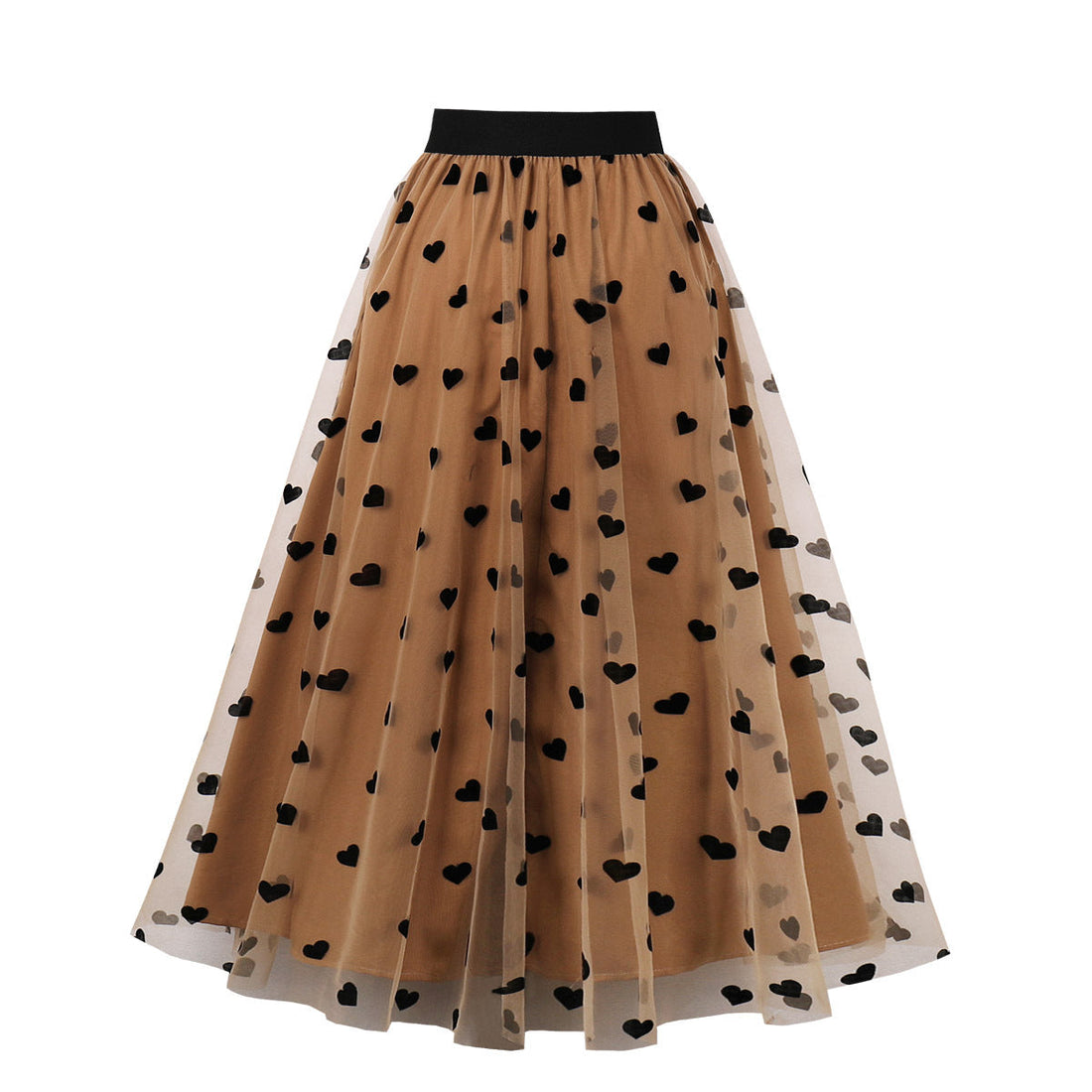 Women Heart Printed Contrast Mesh Frill Trim Flared Midi Skirt Brown
