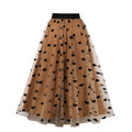 Women Heart Printed Contrast Mesh Frill Trim Flared Midi Skirt Brown