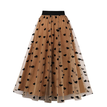 Women Heart Printed Contrast Mesh Frill Trim Flared Midi Skirt Brown