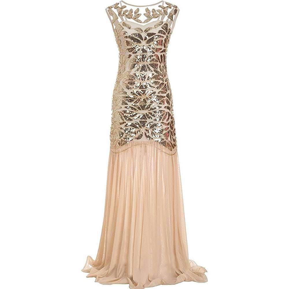 Womens 1920s Flapper Dress Vintage Gatsby Party Sequin Maxi Cocktail Dresses Beige