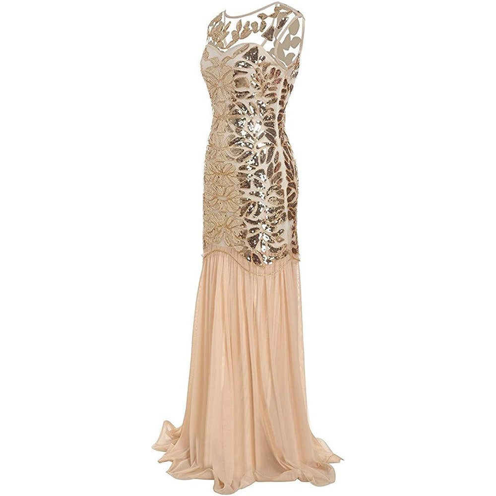 Womens 1920s Flapper Dress Vintage Gatsby Party Sequin Maxi Cocktail Dresses Beige