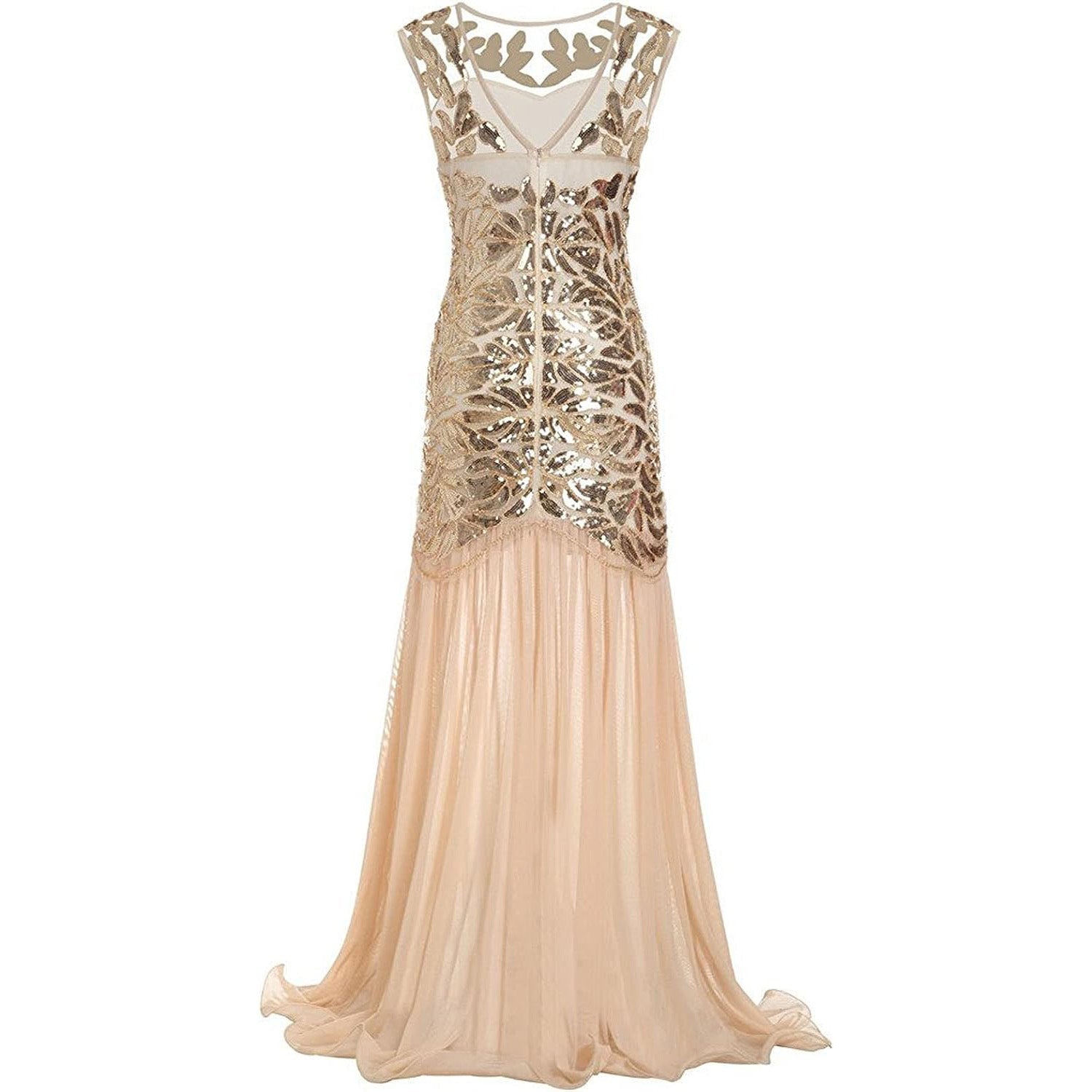 Womens 1920s Flapper Dress Vintage Gatsby Party Sequin Maxi Cocktail Dresses Beige