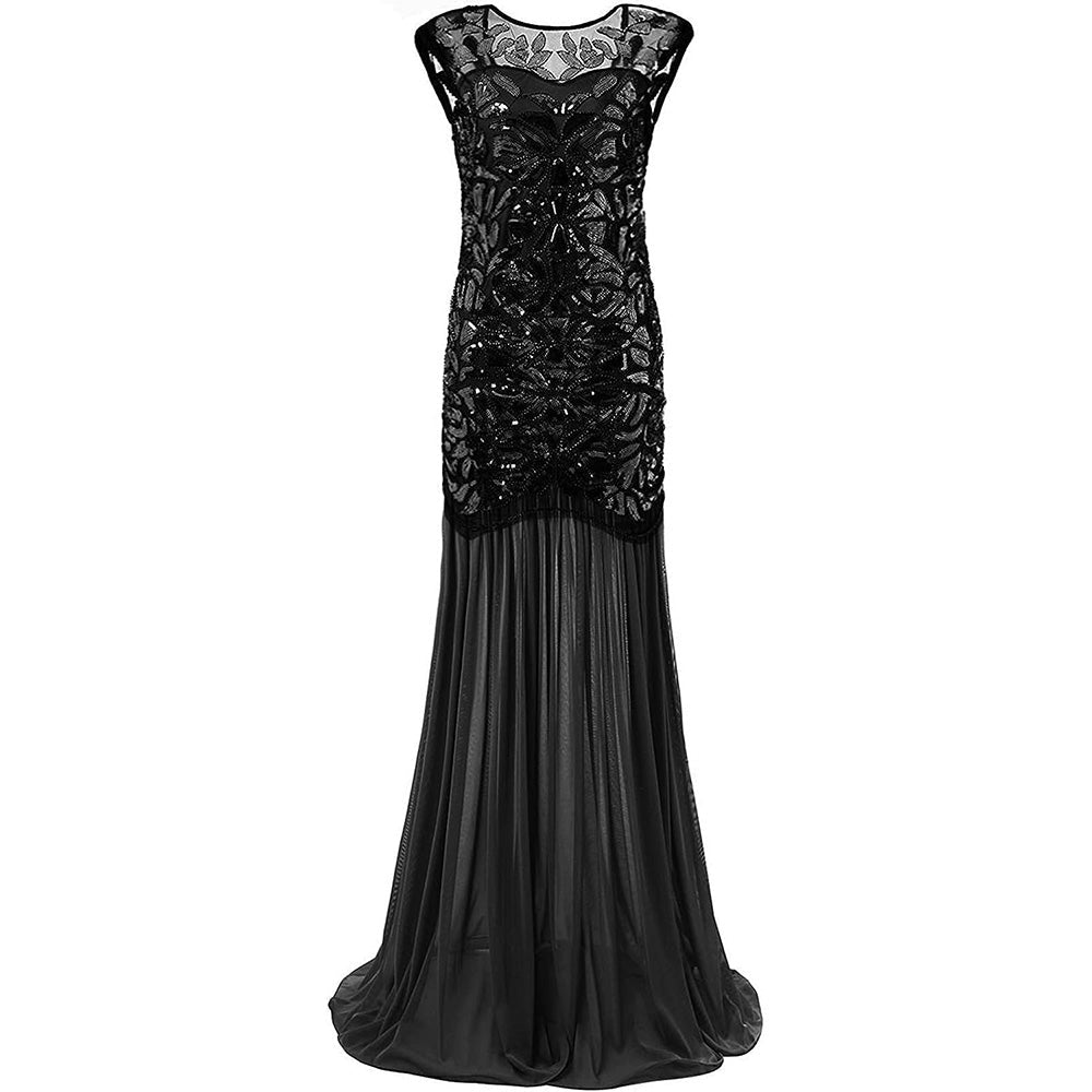 Womens 1920s Flapper Dress Vintage Gatsby Party Sequin Maxi Cocktail Dresses Black