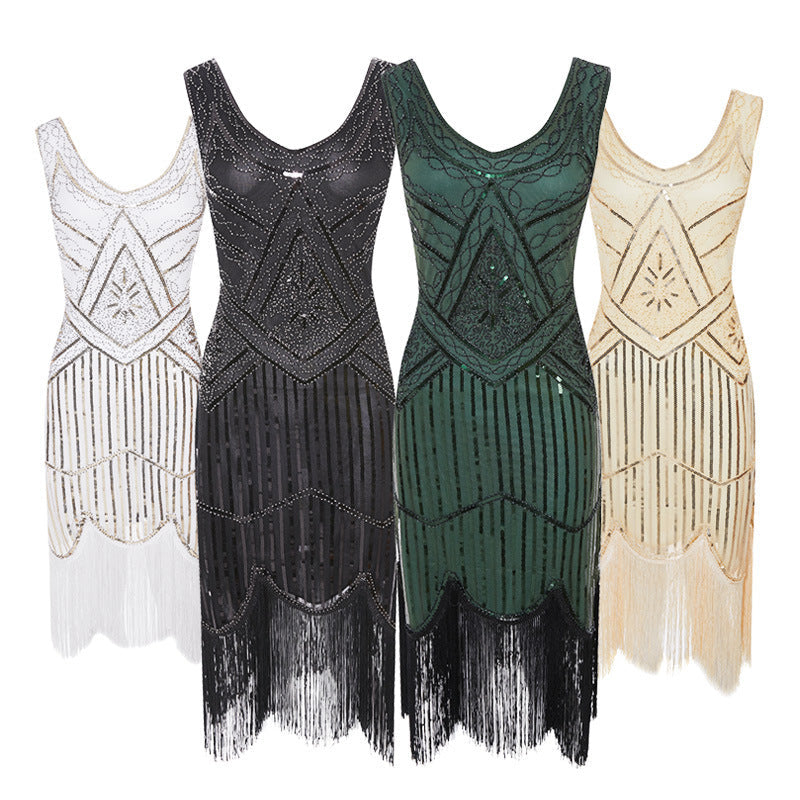 Womens 1920s Flapper Sequin Beads Roaring 20s Gatsby Costume Fringed Dress