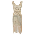 Womens 1920s Flapper Sequin Beads Roaring 20s Gatsby Costume Fringed Dress Beige