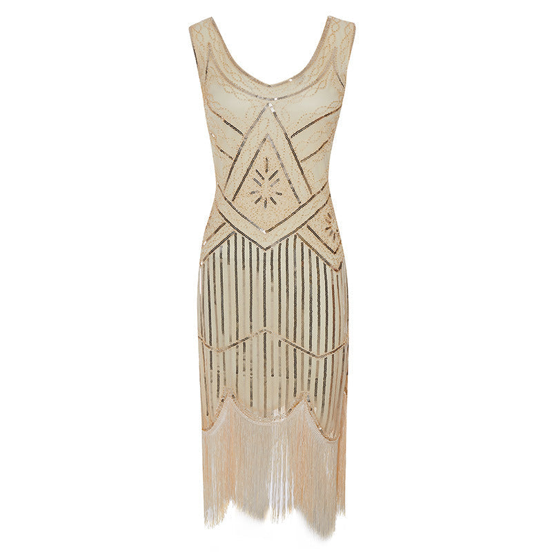 Womens 1920s Flapper Sequin Beads Roaring 20s Gatsby Costume Fringed Dress Beige
