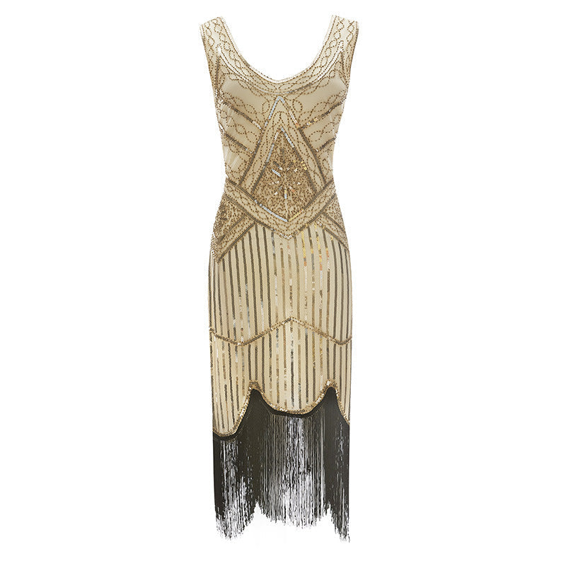 Womens 1920s Flapper Sequin Beads Roaring 20s Gatsby Costume Fringed Dress Beige Black