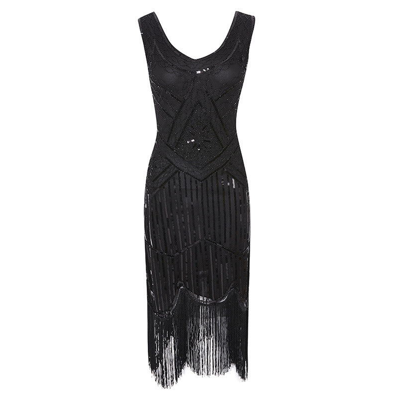 Womens 1920s Flapper Sequin Beads Roaring 20s Gatsby Costume Fringed Dress Black