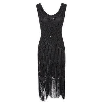 Womens 1920s Flapper Sequin Beads Roaring 20s Gatsby Costume Fringed Dress Black