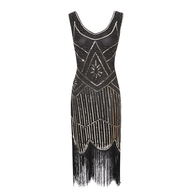 Womens 1920s Flapper Sequin Beads Roaring 20s Gatsby Costume Fringed Dress Black Gold