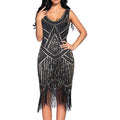 Womens 1920s Flapper Sequin Beads Roaring 20s Gatsby Costume Fringed Dress Black Gold
