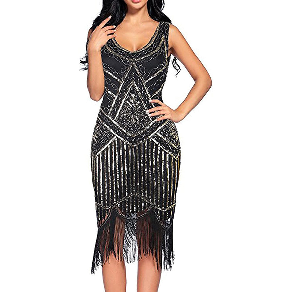 Womens 1920s Flapper Sequin Beads Roaring 20s Gatsby Costume Fringed Dress Black Gold