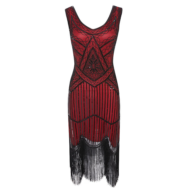 Womens 1920s Flapper Sequin Beads Roaring 20s Gatsby Costume Fringed Dress Black Red
