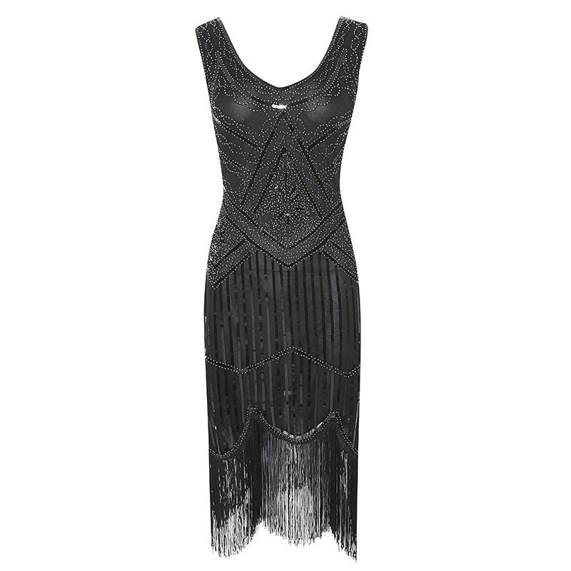 Womens 1920s Flapper Sequin Beads Roaring 20s Gatsby Costume Fringed Dress Black Silver