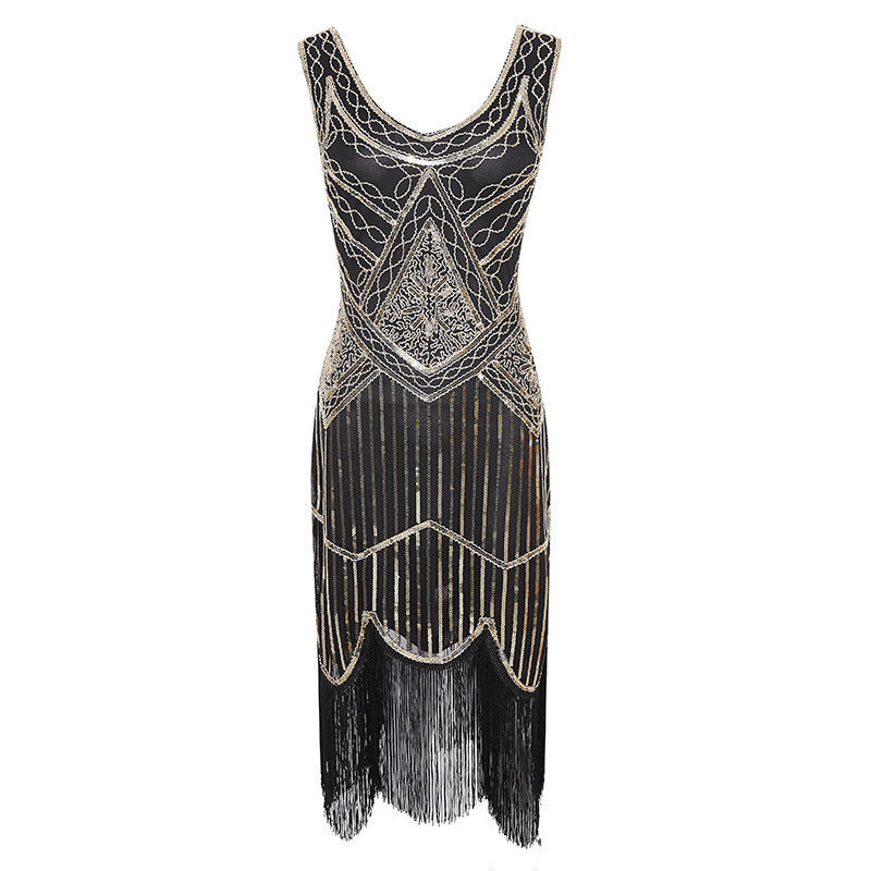 Womens 1920s Flapper Sequin Beads Roaring 20s Gatsby Costume Fringed Dress Gold