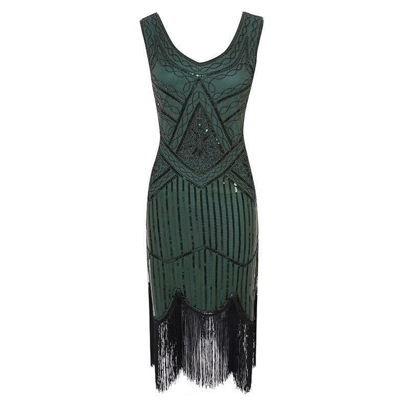 Womens 1920s Flapper Sequin Beads Roaring 20s Gatsby Costume Fringed Dress Black