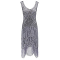 Womens 1920s Flapper Sequin Beads Roaring 20s Gatsby Costume Fringed Dress Grey