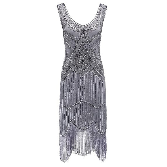 Womens 1920s Flapper Sequin Beads Roaring 20s Gatsby Costume Fringed Dress Grey