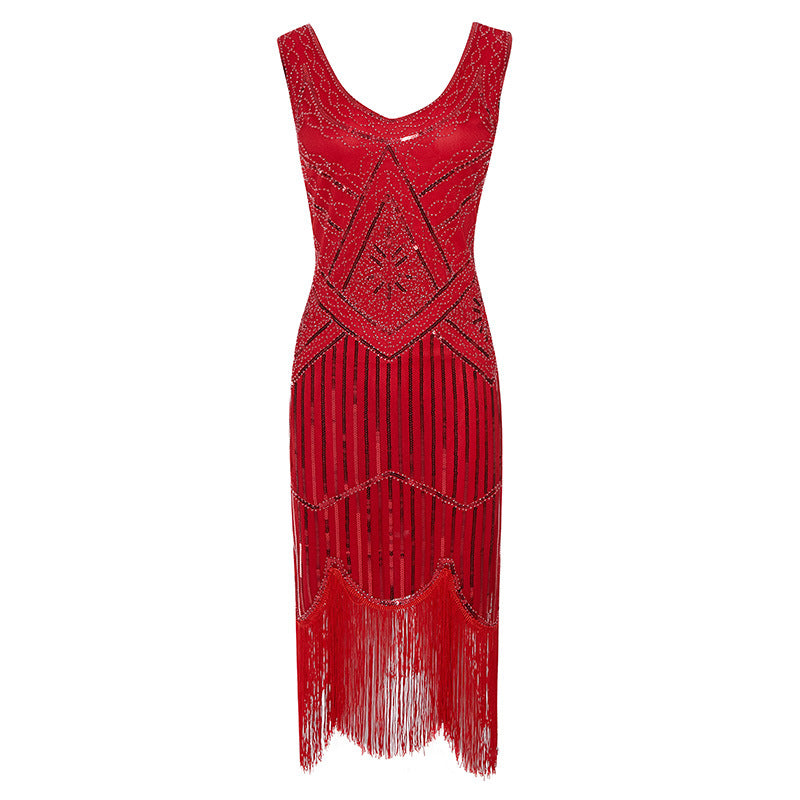 Womens 1920s Flapper Sequin Beads Roaring 20s Gatsby Costume Fringed Dress Red
