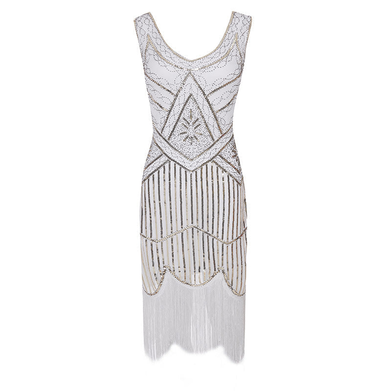 Womens 1920s Flapper Sequin Beads Roaring 20s Gatsby Costume Fringed Dress White