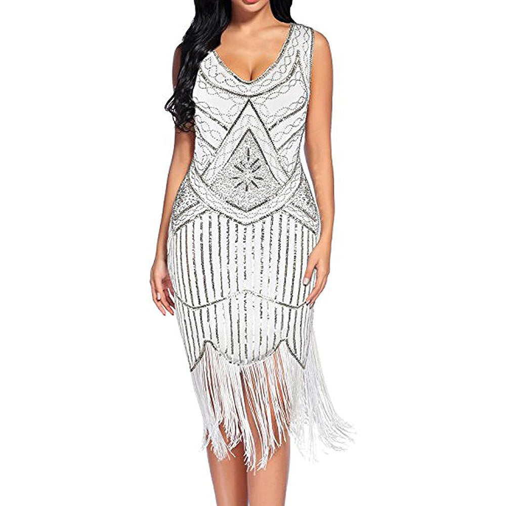Womens 1920s Flapper Sequin Beads Roaring 20s Gatsby Costume Fringed Dress White