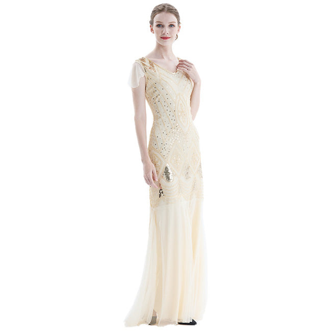 Womens 1920s Vintage Sequins Fringe Long Gatsby Flapper Gown Party Cocktail Dresses Beige