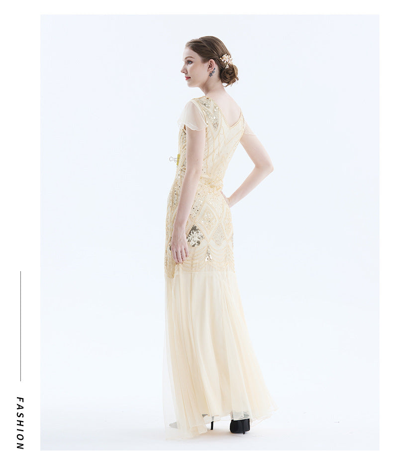 Womens 1920s Vintage Sequins Fringe Long Gatsby Flapper Gown Party Cocktail Dresses Beige