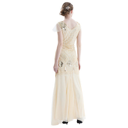 Womens 1920s Vintage Sequins Fringe Long Gatsby Flapper Gown Party Cocktail Dresses Beige