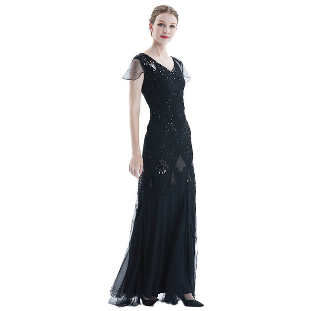 Womens 1920s Vintage Sequins Fringe Long Gatsby Flapper Gown Party Cocktail Dresses Black
