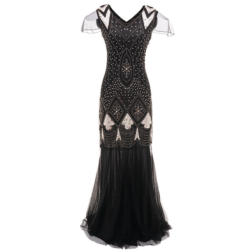 Womens 1920s Vintage Sequins Fringe Long Gatsby Flapper Gown Party Cocktail Dresses Black Silver