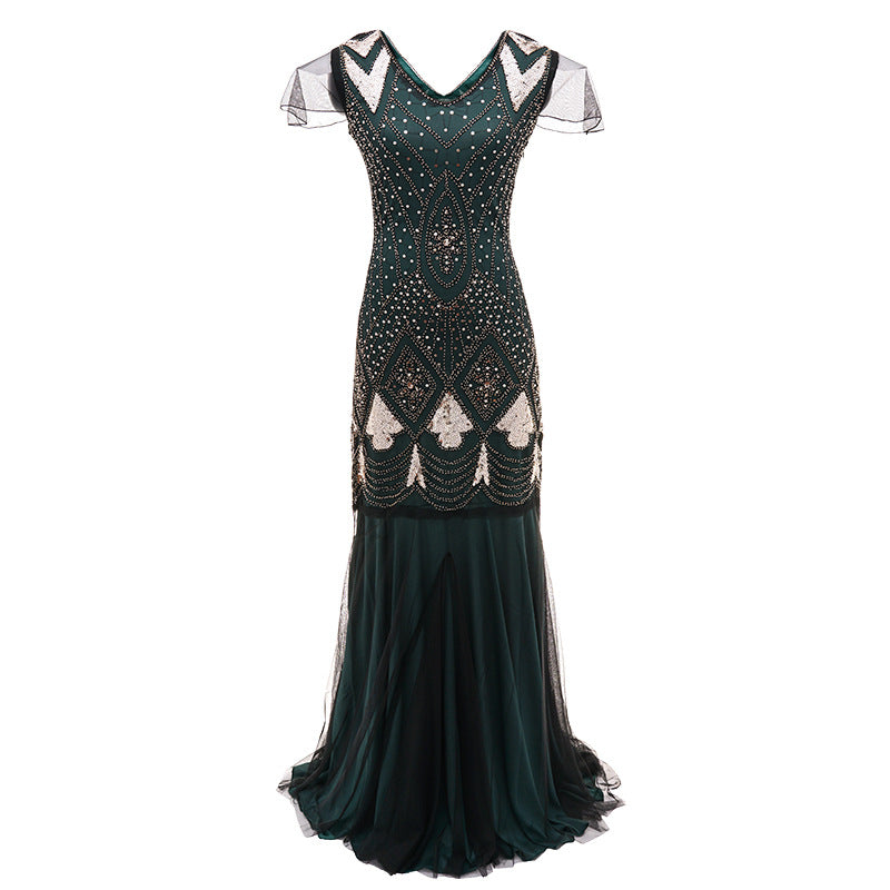 Womens 1920s Vintage Sequins Fringe Long Gatsby Flapper Gown Party Cocktail Dresses Green