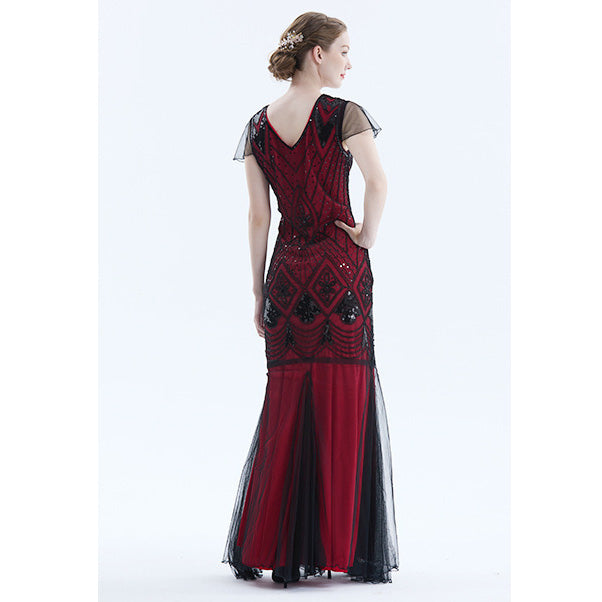 Womens 1920s Vintage Sequins Fringe Long Gatsby Flapper Gown Party Cocktail Dresses Red