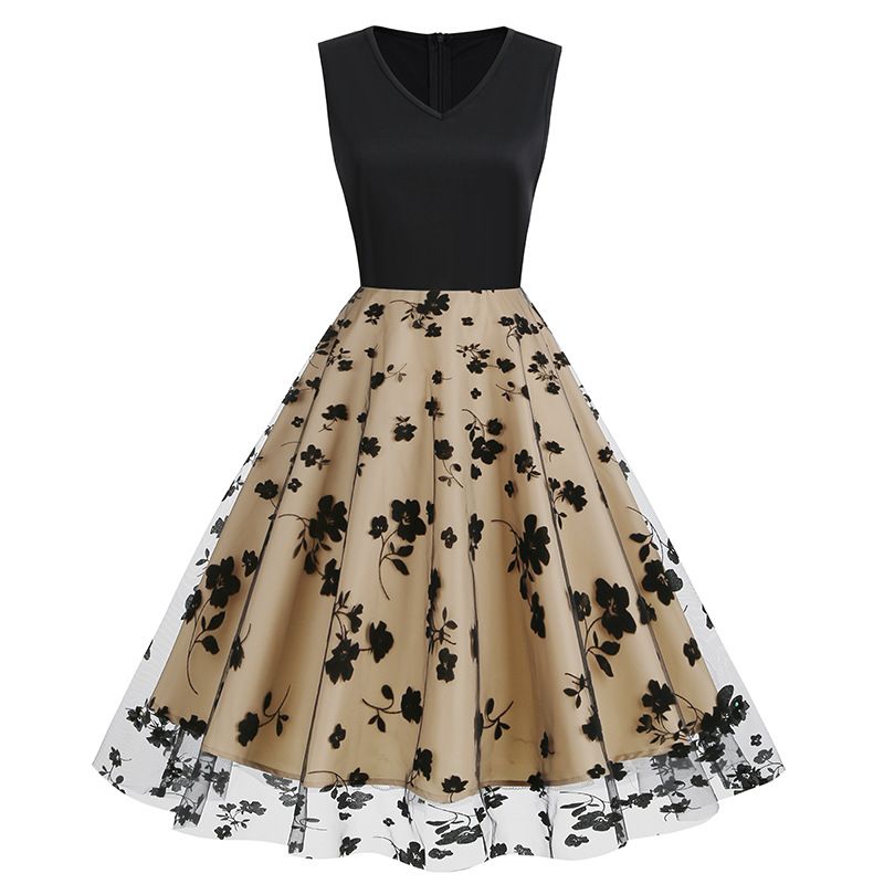 Womens 1950s Butterfly Patchwork Vintage Retro Swing Party Dress Beige