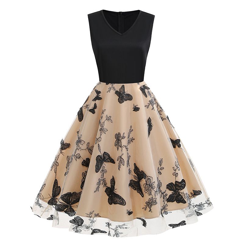 Womens 1950s Butterfly Patchwork Vintage Retro Swing Party Dress Black
