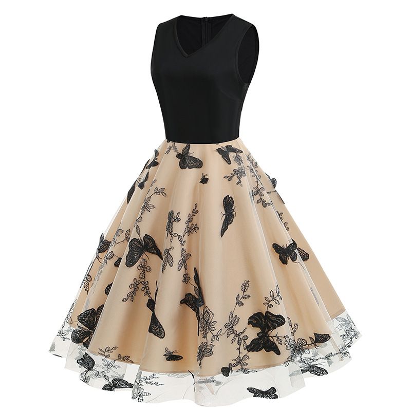 Womens 1950s Butterfly Patchwork Vintage Retro Swing Party Dress Black