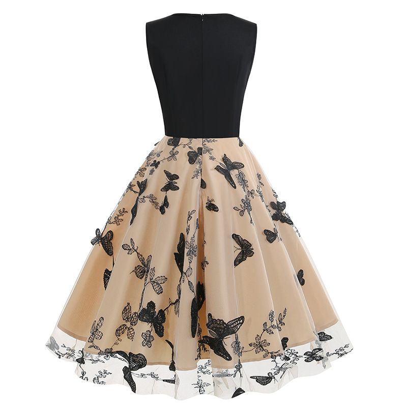 Womens 1950s Butterfly Patchwork Vintage Retro Swing Party Dress Black