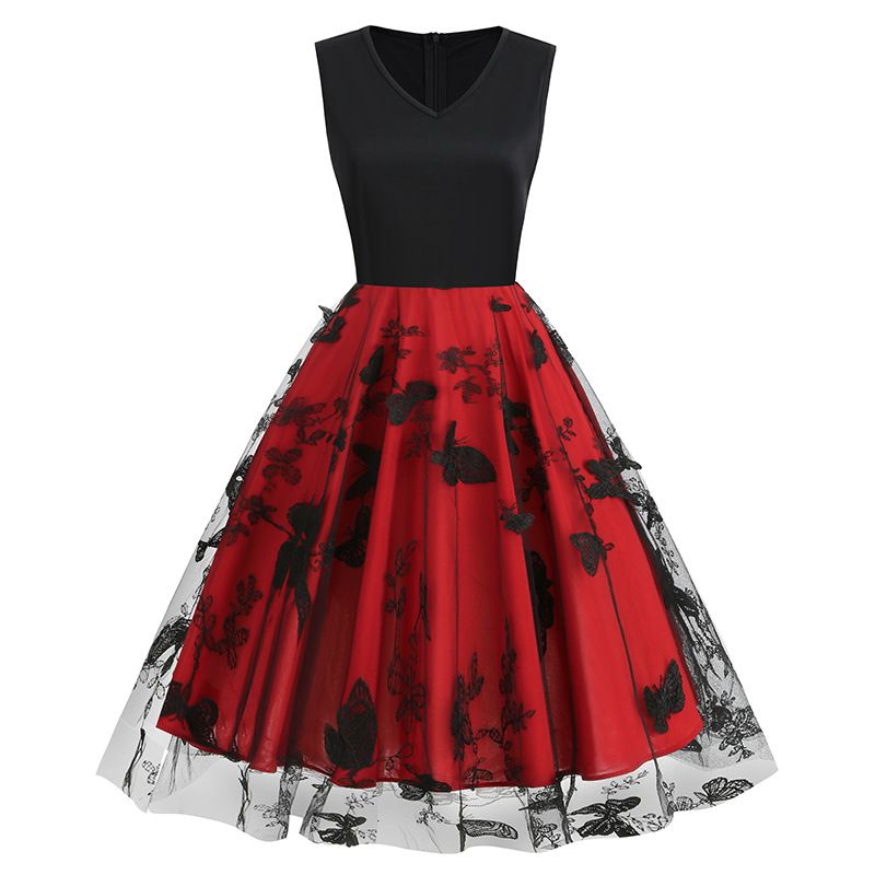 Womens 1950s Butterfly Patchwork Vintage Retro Swing Party Dress Red